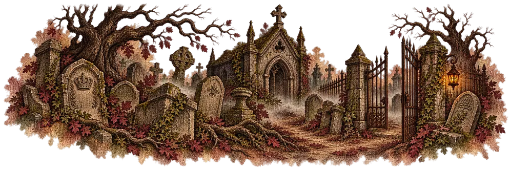 A crowded graveyard of leaning headstones and a stone crypt under bare autumn trees, its iron gate standing open.