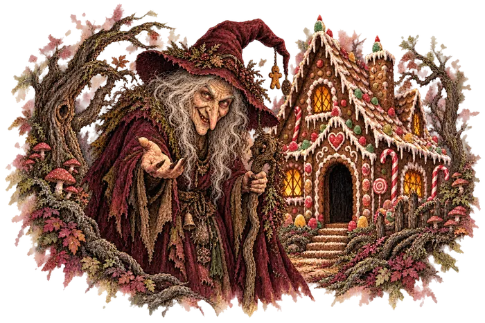 A hunched witch in a red hood beckoning beside a lit gingerbread cottage hung with icing and candy.