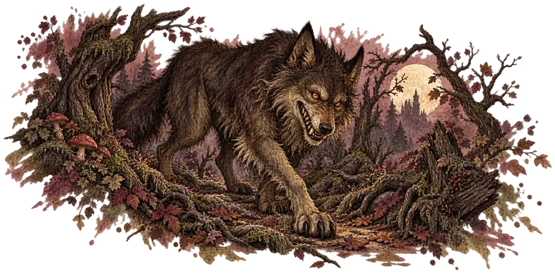 A snarling wolf in a moonlit autumn wood, hackles raised over a tangle of roots and fallen leaves.