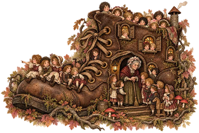 An old woman in a bonnet at the door of a giant laced boot built as a house, crowded with children at its windows and along its sole.