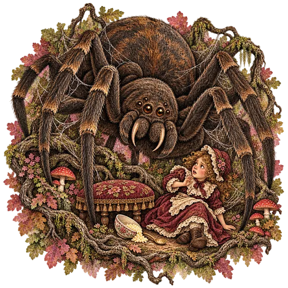 An enormous spider crouched over its web above a small girl in a red dress who has dropped her bowl and spoon.